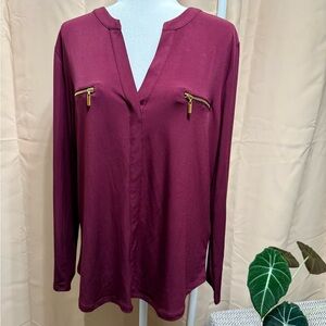 INC International Concepts Burgundy Gold Zip-Pocket V-Neck Top - XL